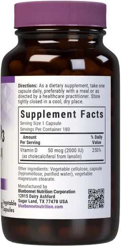 Vista 2 de Bluebonnet Nutrición Vitamina D3 2000 UI Cápsulas Vegetales, Ayuda en el Crecimiento Muscular y Esquelético, Colecalciferol de Lanolina, D3, sin