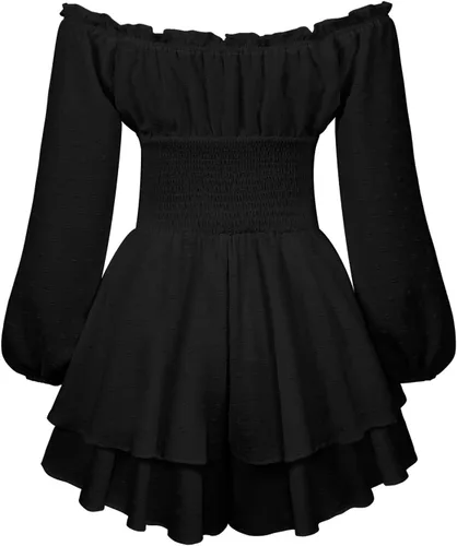 Vista 2 de Mameluco de manga abombada para mujer, vestido con volantes y hombros descubiertos con pantalones cortos de manga larga con capas fluidas de pirata