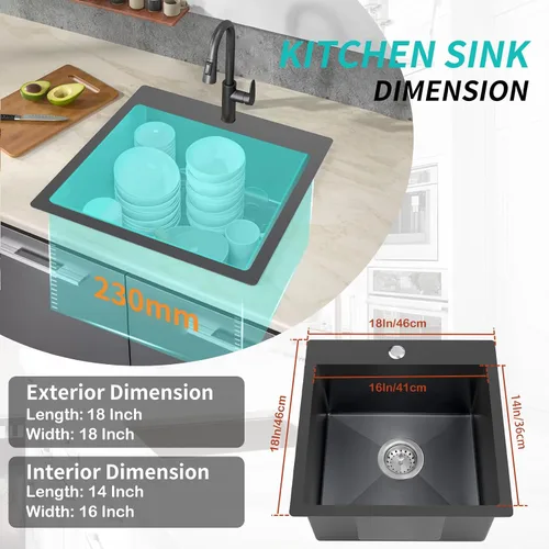 Vista 4 de Fregadero de cocina negro de acero inoxidable de 18 x 18 pulgadas, montaje superior, fregadero de cocina y bar, juego de fregadero de un solo tazón