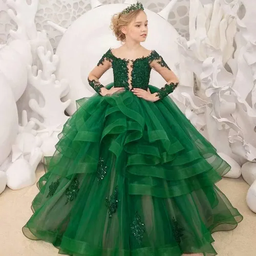 Vista 2 de Vestido de niña de flores de manga larga con apliques de princesa de tul escalonado, vestido de baile para niños, disfraces de fiesta de graduación
