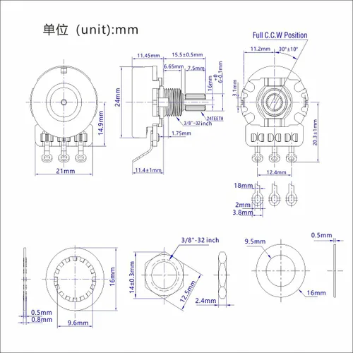 Vista 6 de FLEOR Potenciómetro de guitarra de eje dividido corto de 2 piezas A250K de 0.610 in, 24 líneas