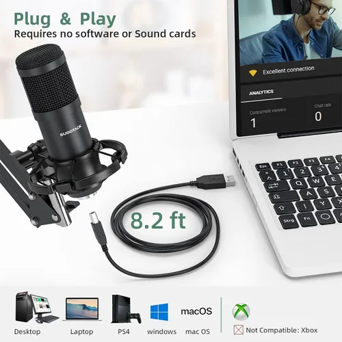 Vista 5 de SUDOTACK - Micrófono de condensador USB para podcast en PC: kit de micrófono de estudio con chipset de sonido profesional cardioide de 192KHz/24