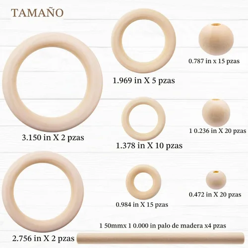 Vista 2 de El kit de macramé de 93 piezas incluye 4 palos de madera de macramé, 34 anillos de madera, círculos de 55 cuentas de madera sin terminar, anillos