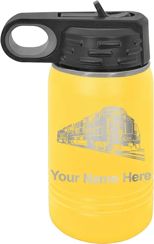 Vista 52 de LaserGram Botella de agua personalizada, tren de carga, acero inoxidable de doble pared aislada al vacío con popote superior, regalo grabado