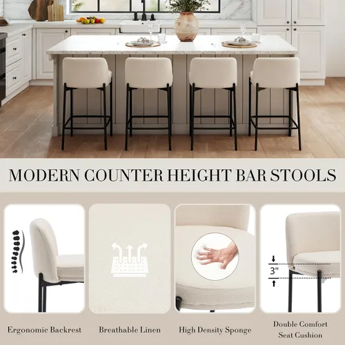 Vista 4 de 26 Inch Counter Height Bar Stools Set of 2, Modern Barstools, Beige Breathable Linen Upholstered Counter Stools, Ergonomic Backrest, Black Metal
