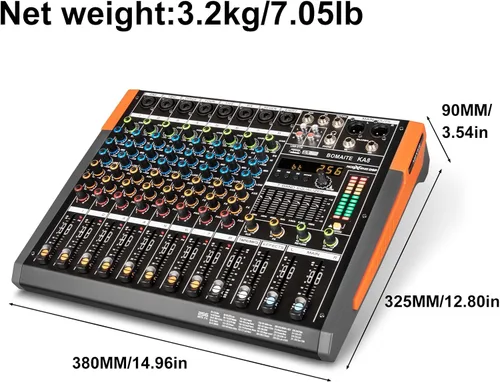 Vista 2 de Mezclador de 8 canales para karaoke, iglesia y fiesta Bluetooth USB Audio Mixer con 48V Phantom Power
