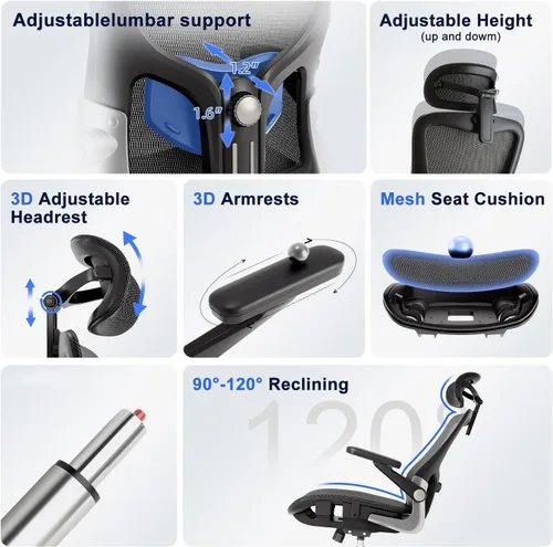 Vista 4 de marrap Silla de oficina ergonómica, silla de escritorio de malla con reposabrazos 3D, soporte lumbar ajustable y reposacabezas, función mecedora
