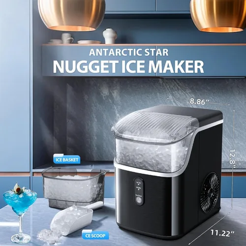 Vista 4 de Antarctic Star Nugget Ice Maker - Máquina de hielo masticable con limpieza automática, fabricación rápida de hielo de 34 libras/24 horas, operación