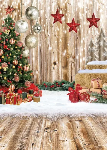 Vista 8 de CHAIYA Telón de fondo de Navidad de 5 x 7 pies, telón de fondo de madera para invierno, nieve, árbol de Navidad, regalo de Navidad, fiesta familiar