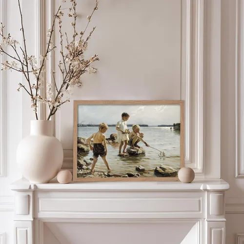 Vista 5 de Monem Art - Póster de pintura vintage para niños jugando en la orilla, impresión retro para niños, arte de playa, arte de velero, arte costero