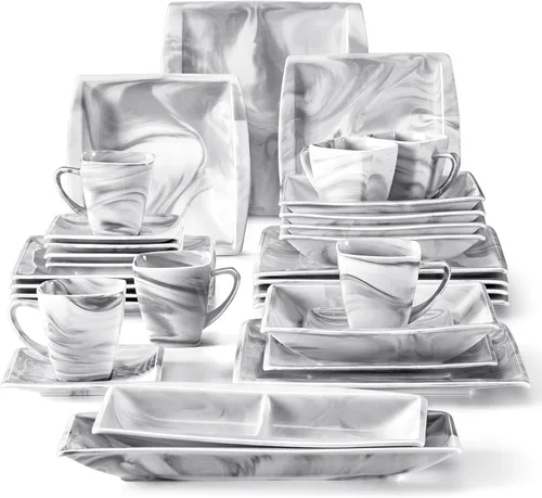 Vista 15 de MALACASA Juego de platos y cuencos, juego de vajilla de porcelana de 12 piezas para 4, platos cuadrados y cuencos para postre, ensalada y sopa