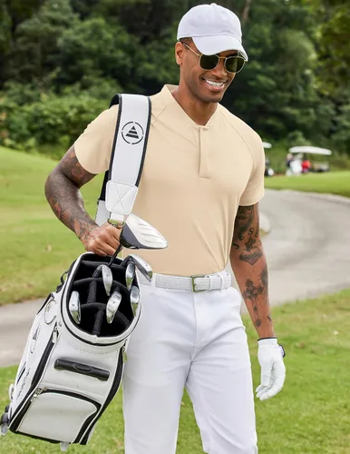 Vista 4 de COOFANDY Polo de golf de secado rápido para hombre, camiseta Henley de manga corta, atlética, deportiva, sin cuello, camisetas deportivas
