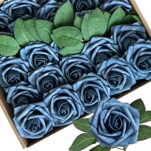 Vista 16 de 25 piezas Flores Artificiales de Espuma Rosas Falsas con Tallos 8 Hojas Rosas Sintéticas de Aspecto Real para Ramos de Boda Centros de Mesa de Negro