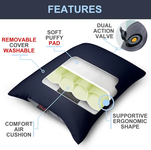 Vista 2 de X-Foam - Almohada inflable para acampar con funda de espuma extraíble, cómoda, lavable, ultraligera, portátil, con soporte lumbar para el cuello