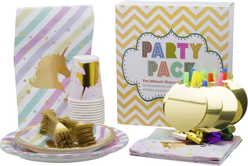 Vista 9 de Paquete de fiesta temática de unicornio dorado – Platos de papel desechables, vasos, servilletas, tenedores, cucharas, bolsas de regalo y sopladores