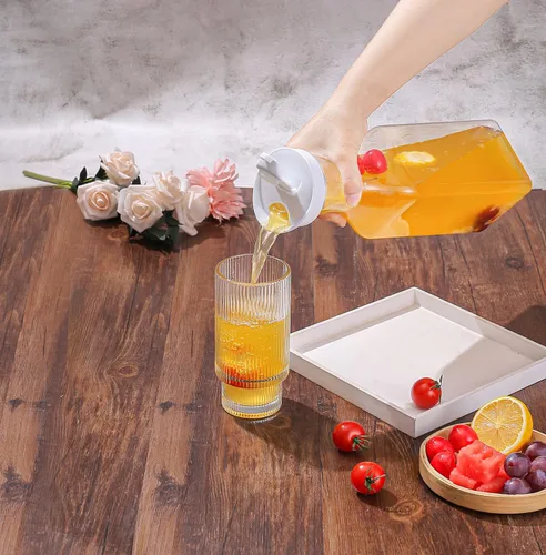 Vista 7 de 3 piezas Jarra de agua de plástico de 32 oz con tapa abatible, contenedores de jugo de base cuadrada, jarra de suministros para bar de mimosa