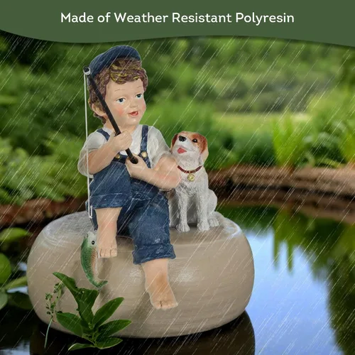 Vista 5 de Lily's Home Estatua de perro y niño de pesca de 11 pulgadas – Decoración de jardín de resina para exteriores – Decoración para exteriores y jardín