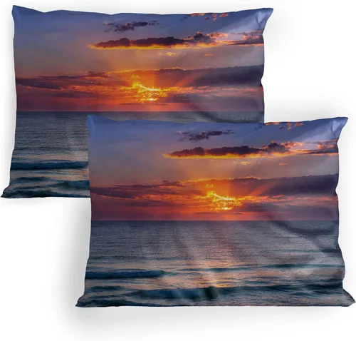 Vista 22 de Lunarable Ocean Pillow Sham Set of 2, Sunset at a Smooth Sandy Beach with Small Wave and Bubbles from The Sea, Quality Microfiber Bedding Item for
