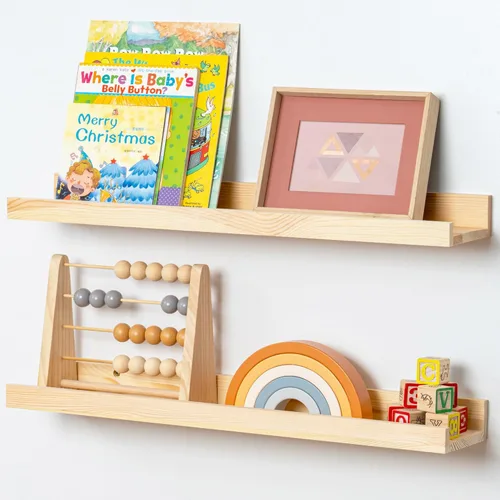 Vista 33 de FLYJOE Estante de repisa de fotos para pared, 24 pulgadas de madera de fresno maciza, estantes para libros de guardería, estantes flotantes