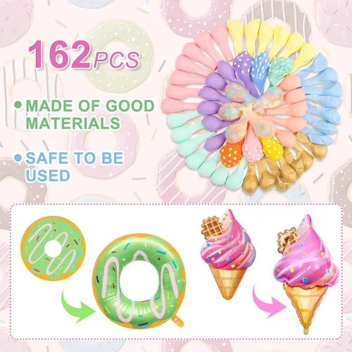Vista 6 de Kit de guirnalda de arco de globos de dona pastel, 162 piezas de dona dos dulces uno, suministros de fiesta de cumpleaños, confeti pastel, confeti
