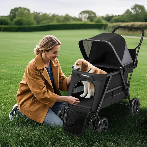 Vista 3 de PETSITE Cochecito para perros de 4 ruedas, cochecito plegable para gatos con entradas dobles, rampa, ventanas de malla, toldo ajustable