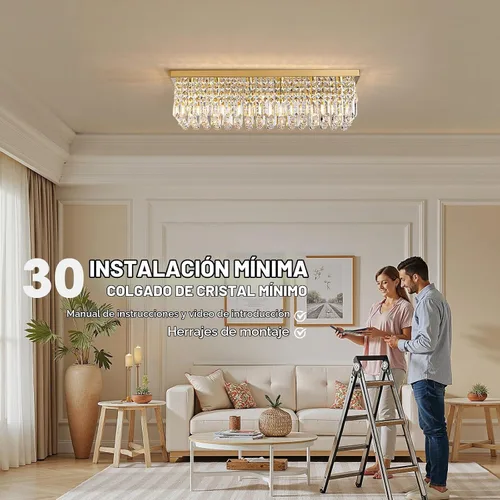 Vista 6 de Candelabros Modernos de Cristal para Lámpara de Comedor, Candelabro de Techo Rectangular Dorado de 6 Luces para Isla de Cocina y Sala de Estar