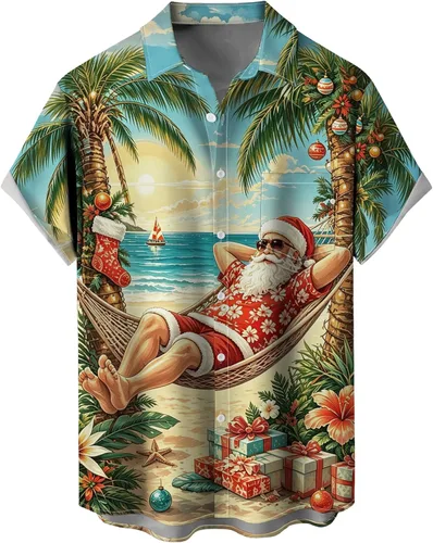 Vista 36 de Camisas tropicales con botones para hombre, camisas hawaianas de manga corta, casuales para vacaciones, camisas de playa holgadas Beige-playa escena
