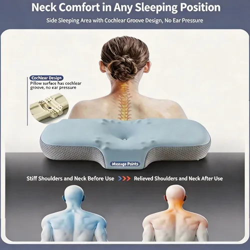 Vista 3 de Almohada ergonómica cervical de espuma viscoelástica para aliviar el dolor de cuello, ajuste para dormir de lado, espalda y estómago con funda Azul