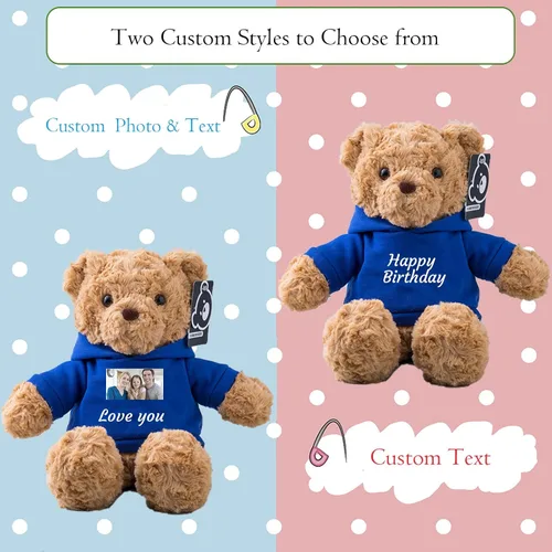 Vista 2 de Oso de peluche personalizado, juguetes de peluche con texto personalizado + imagen como regalo personalizado para novia/novio (11 pulgadas, azul)