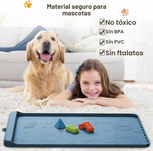 Vista 3 de Tapete para Comida de Perro - Tapete de Silicona para Perro para Comida y Agua - 36" x 24" Tapetes Grandes de Alimentación para Mascotas con Azul