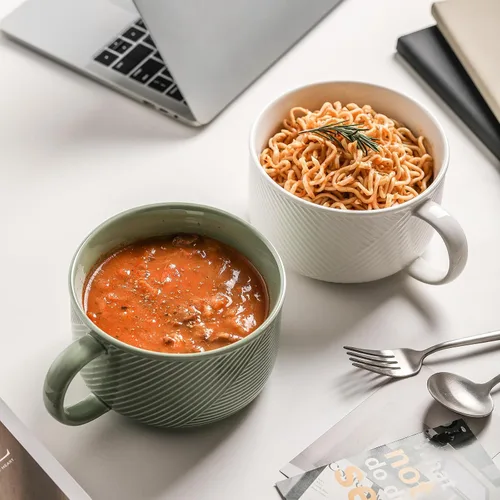 Vista 5 de Tazón de sopa de cerámica con asa, 38 oz apto para microondas Verde guisante