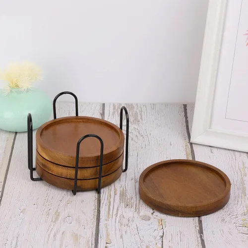 Vista 7 de 4 piezas de posavasos de madera absorbentes para bebidas, posavasos de madera con soporte, posavasos para bebidas para mesa de café, juego