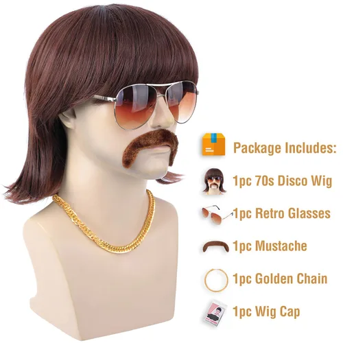 Vista 3 de morvally Juego de 5 pelucas de discoteca de los años 70 y 80 con lentes de bigote y cadena, peluca corta marrón para hombre, para cantante, rockero