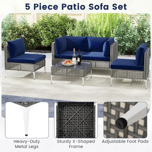 Vista 5 de Tangkula Juego de muebles de exterior de 5 piezas, juego de sofá modular acolchado de mimbre resistente con mesa de café de vidrio templado