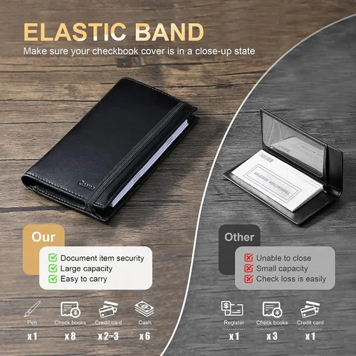 Vista 4 de CASMONAL Fundas de chequera para chequera personal RFID de cuero premium para chequera duplicada (negro), Negro -, Minimalista