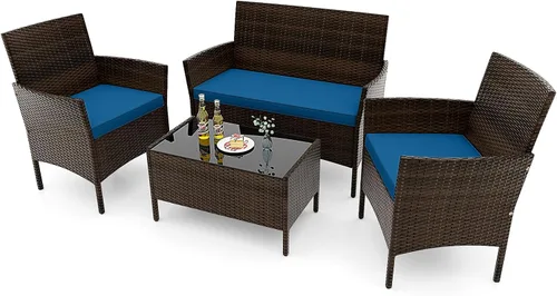 Vista 23 de RELAX4LIFE Juego de muebles de patio de 4 piezas – Juego de muebles de ratán para conversación al aire libre con cojines, mesa de centro de cristal