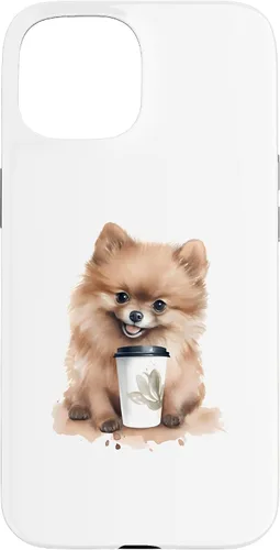 Vista 6 de iPhone 16 Pomerania perro con café estilo acuarela caso