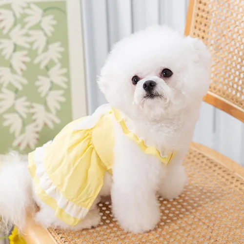 Vista 4 de Vestido para perro con manga abombada, amarillo limón, girasol, piña, a cuadros, ropa de verano para perros pequeños y niñas Botón de amor