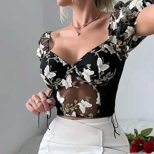Vista 3 de Camiseta de manga abombada bordada floral para mujer, ajustada, corsé corto, sexy, bustier