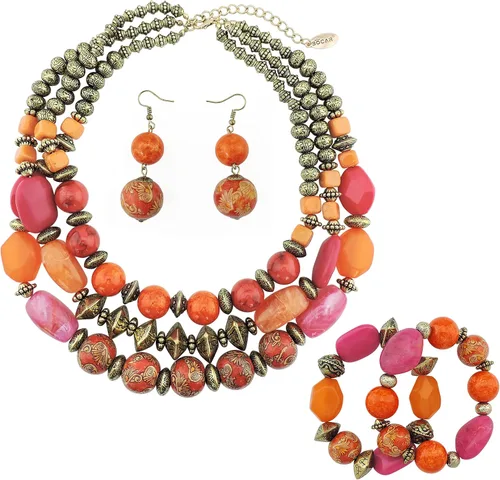 Vista 4 de Conjunto BOCAR de collar robusto de 3 capas con cuentas de múltiples y aretes, para mujer