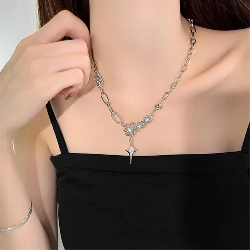 Vista 39 de Y2k - Collar irregular con dije de estrella, piedra de luna, diseño de cadena de moda, joyería de plata picante para mujer
