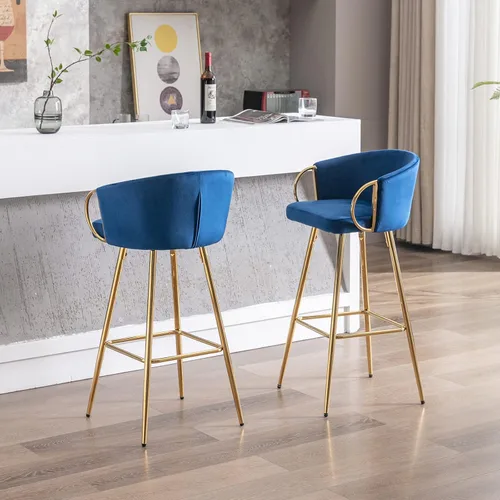 Vista 8 de Juego de 2 taburetes de bar de 26 pulgadas, sillas de isla de cocina con taburetes altos tapizados de terciopelo, taburetes de desayuno con respaldo