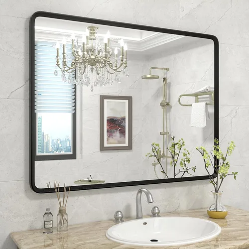 Vista 33 de Espejo rectangular con marco mate negro de 20x30 pulgadas para baño, espejo de tocador para pared de baño con esquinas redondeadas, antióxido y a