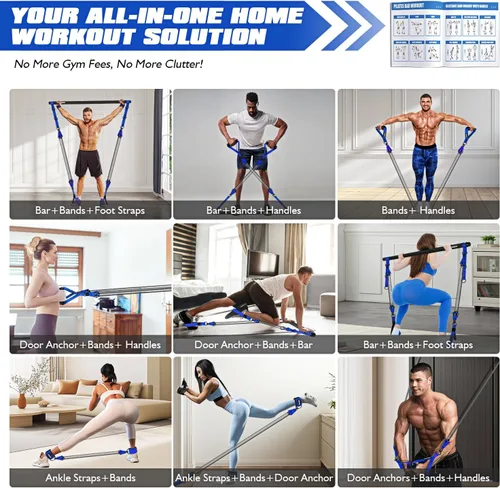 Vista 7 de Ayombo Pilates Equipment, Heavy Duty Pilates Bar Kit with Resistance Bands, Portable Gym Adjustable Exercise Bands, Home Squat Training, Arm, Abs