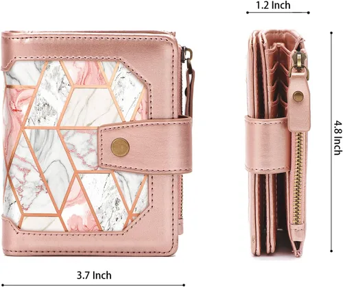 Vista 3 de Cartera pequeña para mujer, billetera plegable con bloqueo RFID, tarjetero con bolsillo con cremallera, Mármol rosa dorado, Vintage