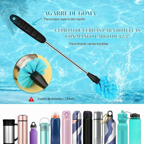 Vista 2 de Juego de 6 cepillos limpiadores de botellas, cepillo limpiador de botellas de agua de acero inoxidable de mango largo para lavar botellas