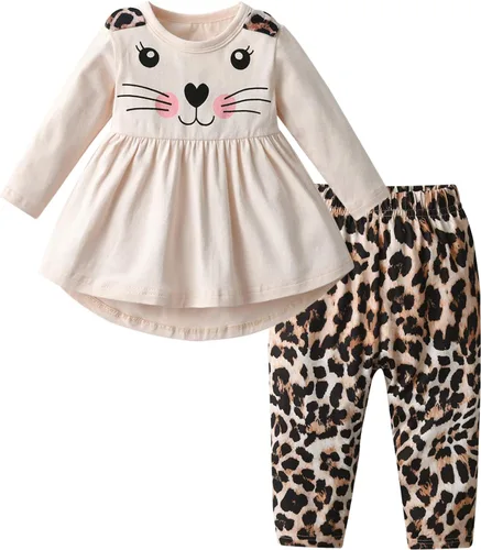 Vista 13 de Conjunto de ropa de bebé niña 2 piezas de manga larga con patrón de dibujos animados trajes infantiles Gris