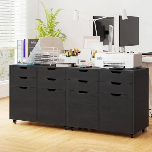 Vista 2 de Archivador negro con 4 cajones y 2 puertas Organizador de almacenamiento móvil para debajo del escritorio, soporte de impresora de madera sobre