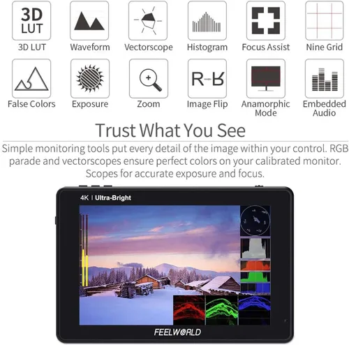 Vista 4 de FEELWORLD LUT7 7 pulgadas 2200nits 3D LUT pantalla táctil cámara DSLR cámara monitor de campo Full HD 1920x1200 IPS, 4K HDMI entrada/salida+brazo