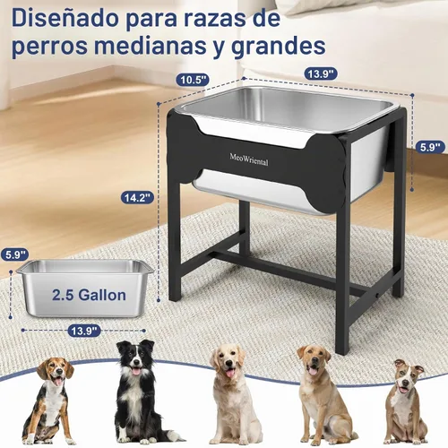 Vista 5 de Cuenco elevado de agua para perros de 2.5 galones para razas grandes, cuenco de agua grande de acero inoxidable elevado de 14.2 pulgadas de alto